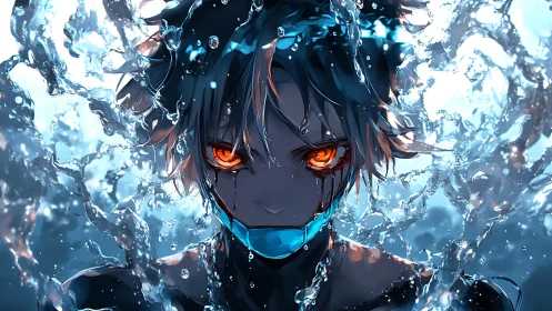 Anime cyber-aquatic portrait with luminous eyes and water arcs.