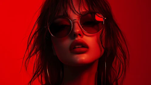 Close-up stylized woman in sunglasses under red lighting.