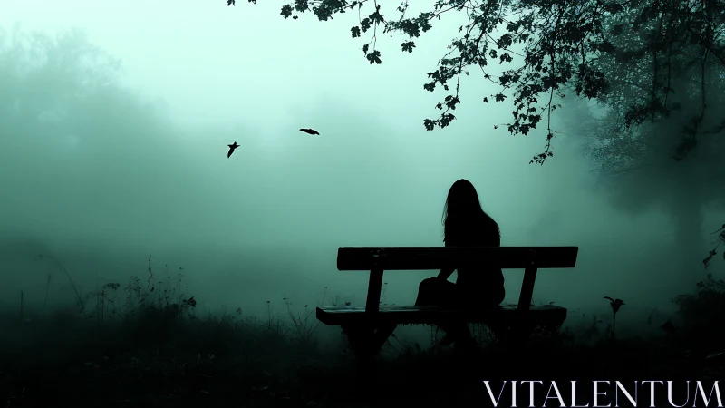 Solitary figure sits on bench within dense teal forest fog