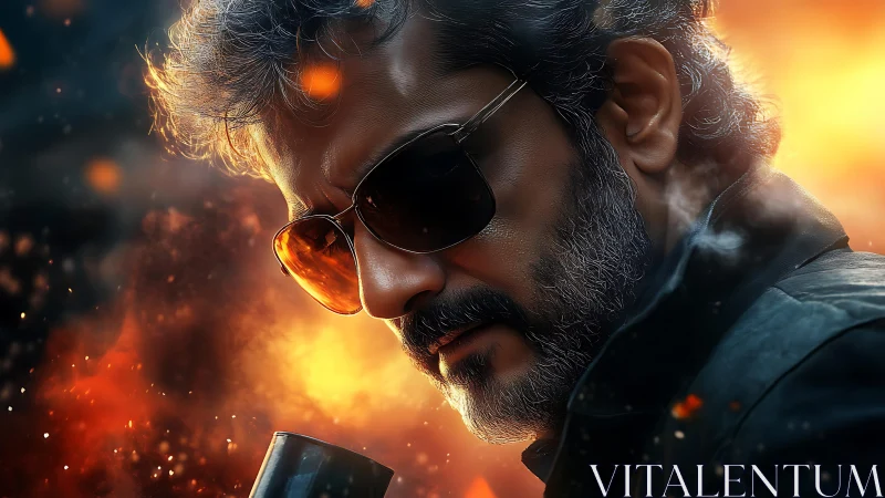 Smoldering rebel in sunglasses framed by cinematic firestorm.