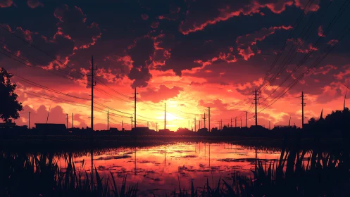Sunset over flooded fields with silhouetted power lines.