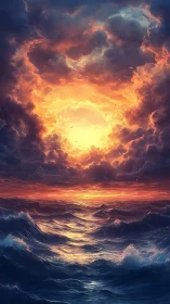 Stormy ocean horizon under intense fiery sunset sky.