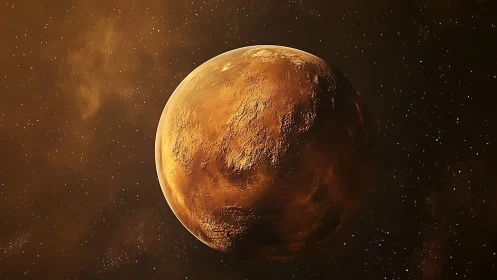 Rust-colored rocky planet in sparse starfield backdrop.