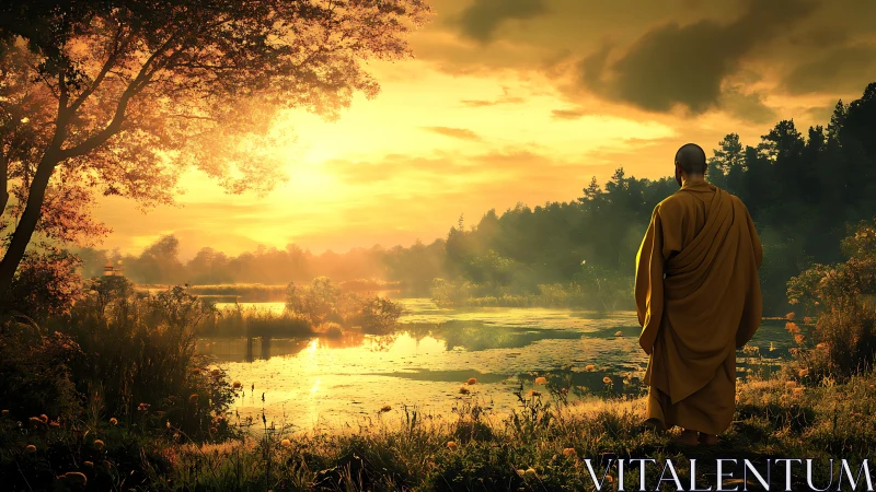 Monk in golden sunset by a quiet, soul-soothing lake shore.