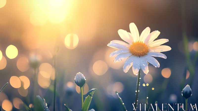 Sunlit daisy awakens in dewy bokeh morning glow.