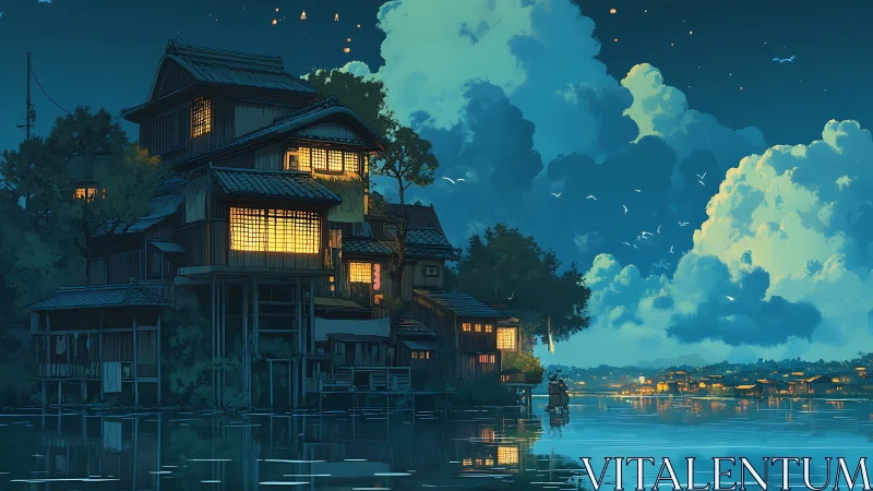 Riverside stilt houses at blue hour with glowing shoji windows