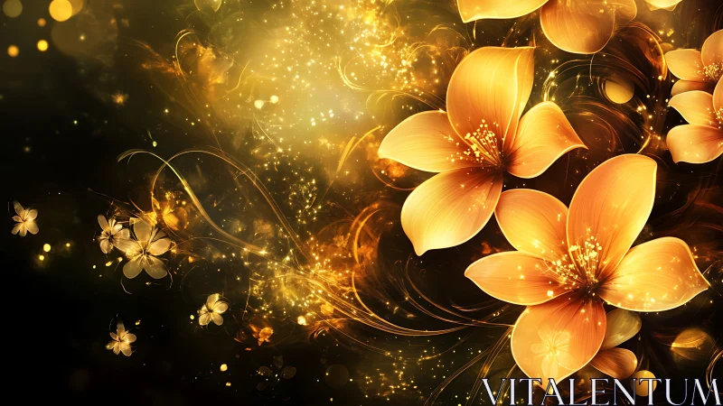 Golden Luminescent Floral Abstraction with Particle Effects on Dark Background