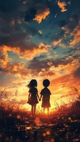 Sunset wishwalk with two small silhouettes under ember skies.