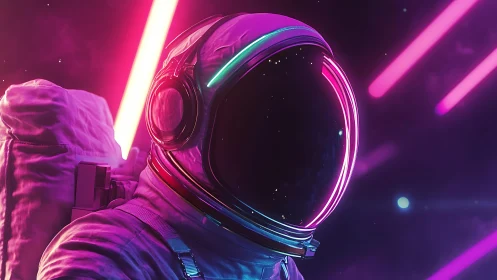 Neon lit astronaut helmet in vivid purple space scene.
