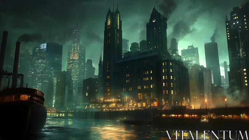 Noir harbor skyline under emerald stormlight at night.