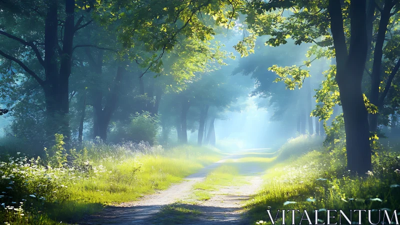 Sunlit Forest Path with Lush Greenery in Dreamy Morning Light.