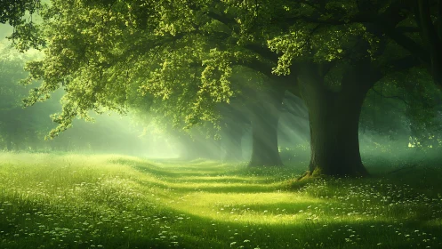 Sunlit Forest Path with Tall Trees and Soft Morning Light.