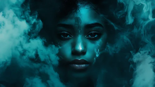 Mystical teal portrait merges human face with swirling vapor