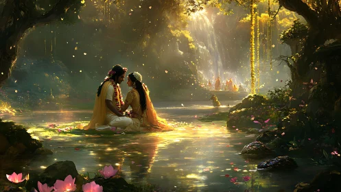 Divine lovers by a radiant forest stream in golden dusk.