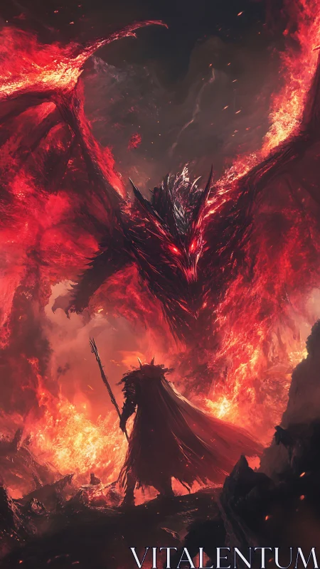 Armored figure confronting winged fiery entity in inferno.