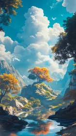 Mountain river landscape with bright clouds and trees.