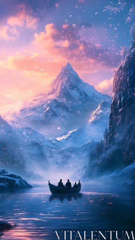 Boat drifts toward glowing snowy peak under twilight sky