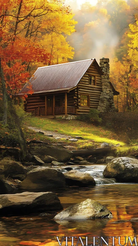 Sunlit log cabin above autumn creek in warm atmospheric light