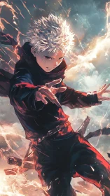 Kinetic anime sorcerer amid turbulent elemental energy field.