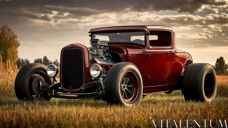 Vintage coupe hot rod parked in rural grassland field.