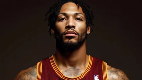 Basketball player portrait in maroon team jersey, front view.