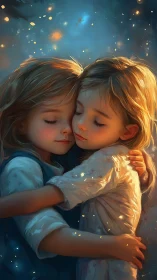 Two children embrace amid floating golden luminescence.