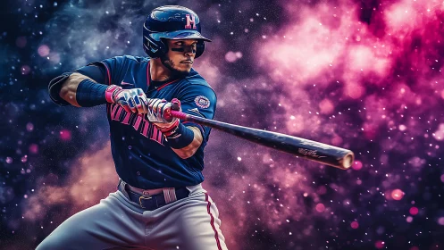 Dynamic baseball batter in mid-swing with neon particle lighting