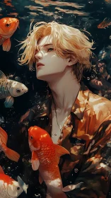 Blond young man underwater surrounded by bright koi fish.