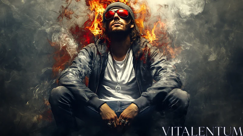 Seated hooded figure in jacket with stylized flames and smoke