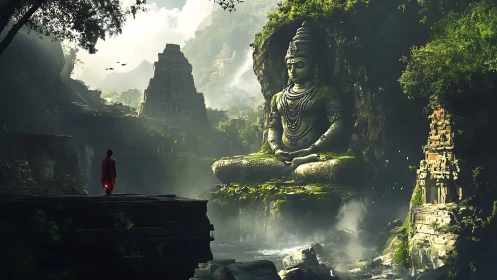 Jungle colossus in emerald mist greeting a lone pilgrim.