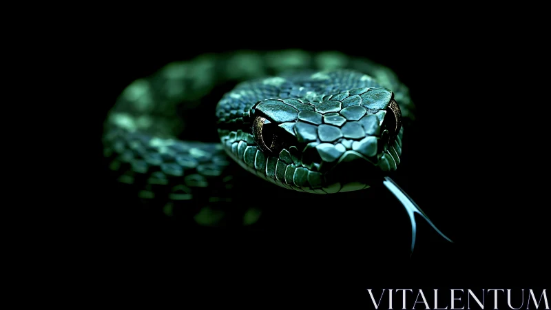 Green snake head in sharp focus against dark black background