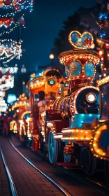 Glittering carnival train hums through midnight storylight