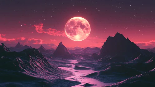 Crimson alien seascape under rising full moon glow.