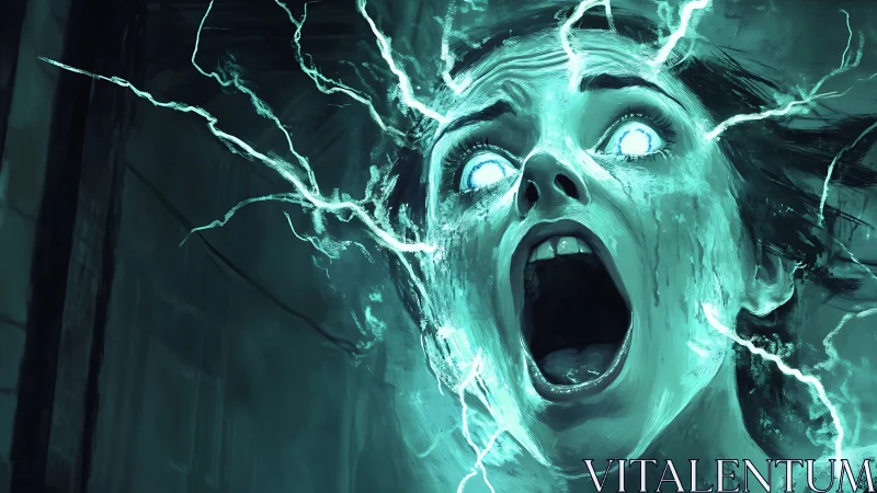 Human face with glowing eyes amid branching electric discharges