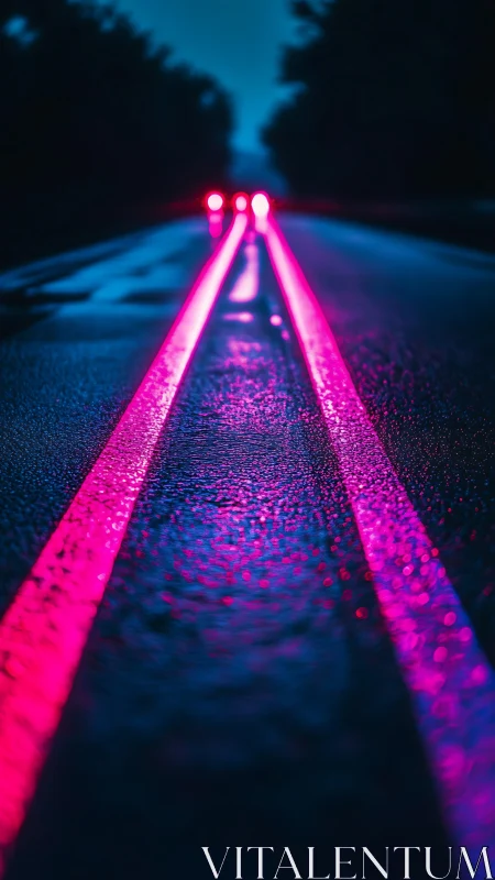 Neon pink road lines on wet asphalt at night perspective.