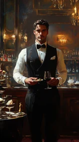 Elegant sommelier serves wine in opulent golden bar