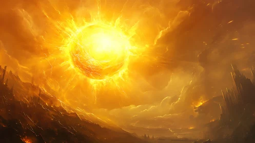 Blazing solar sphere erupts above a crumbling infernal world