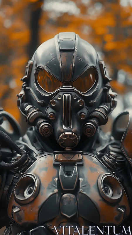 Armored exosuit with respirator helmet in autumn forest.