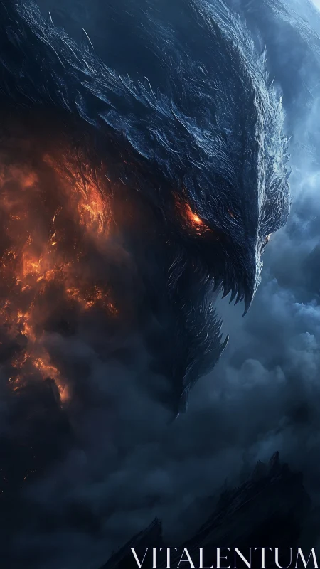 Fiery dragon spirit emerging from stormlit shadows.