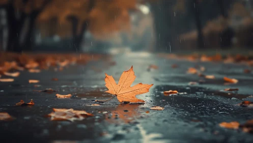 Lone maple leaf rests on wet autumn street in soft rain