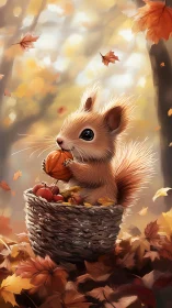 Cute squirrel holding nut in autumn basket scene.