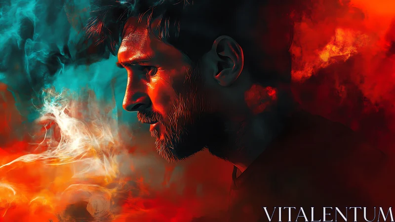 Profile of male subject in red and teal digital smoke field.