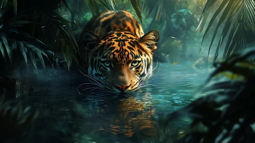 Stealthy tiger lowers its head to drink in misty jungle pool.