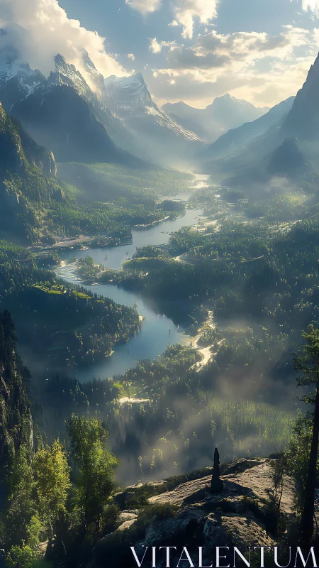 Sunlit alpine valley with winding river and distant peaks.