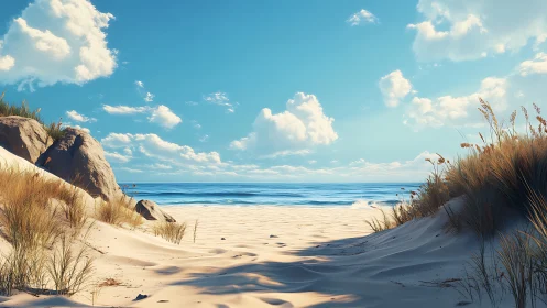 Sunny sand dunes leading to calm blue ocean horizon.