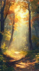 Golden Forest Path: Where Autumn Light Meets Wonder.