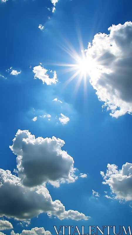 Photorealistic cumulus sky with radiant sunburst highlights.