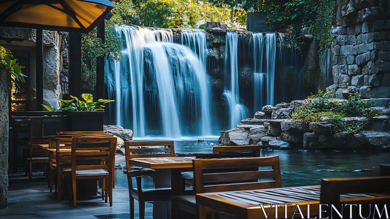 Waterfall restaurant terrace blends nature with urban calm.