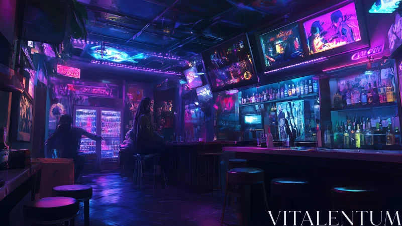 Neon cyberpunk bar interior glows with saturated nightlife light