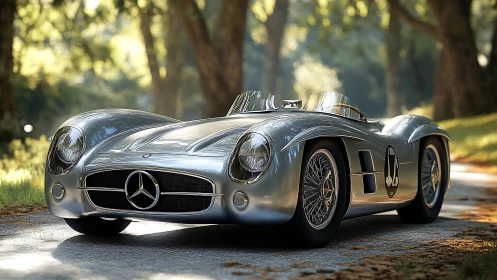 Silver classic roadster gliding along sunlit forest lane.